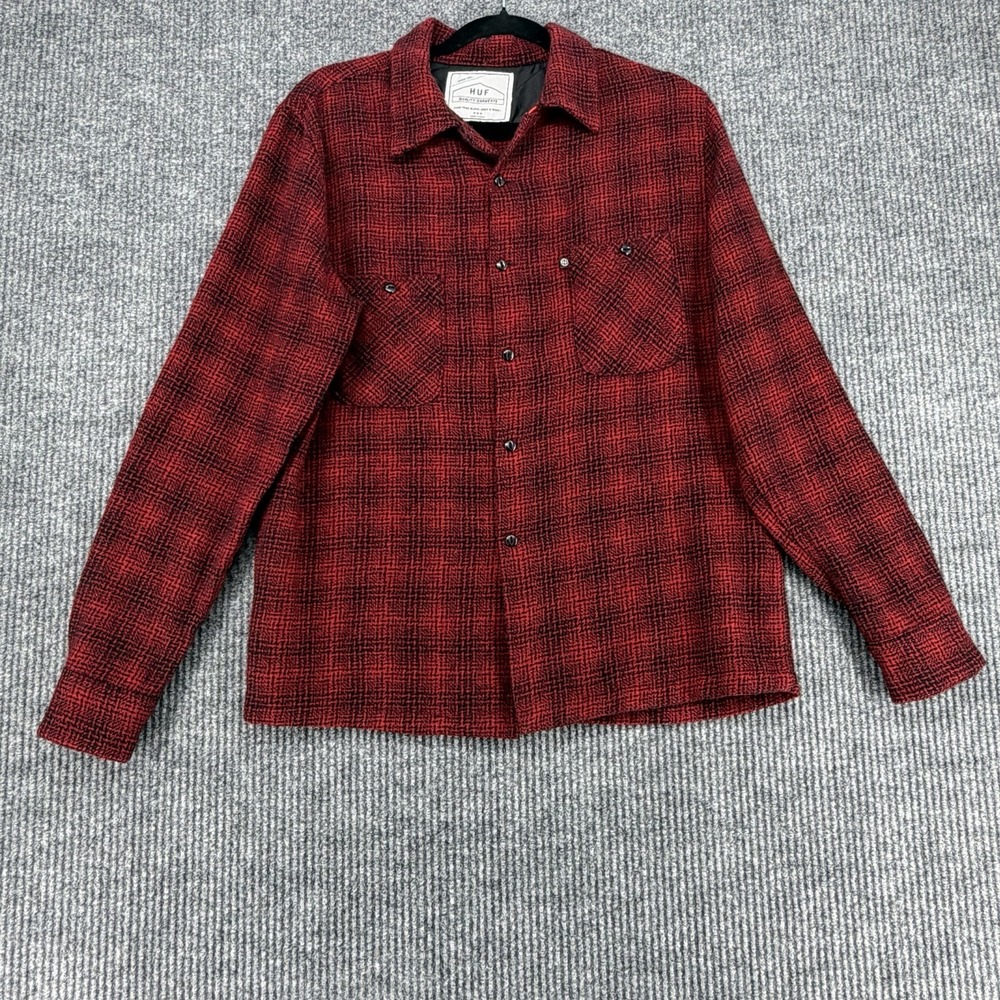 HUF Wool Blend Flannel Jacket Shirt Mens Medium Red Black Quilted Lined Shacket - Picture 2 of 11